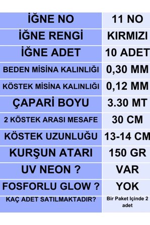 ea genset Çapari, İstavrit Çaparisi, 30x12 Beden, Uv Neon Pembe Sim, 11 No Kırmızı İğne, 10 İğneli Çapari 2li Paket