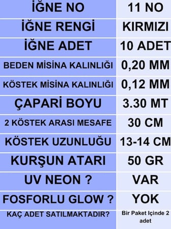 ea genset Çapari, İstavrit Çaparisi, 20x12 Beden, Uv Neon Pembe Sim, 11 No Kırmızı İğne, 10 İğneli Çapari 2li Paket