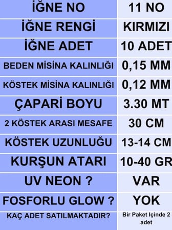 ea genset Çapari, İstavrit Çaparisi, 15x12 Beden, Uv Neon Pembe Sim, 11 No Kırmızı İğne, 10 İğneli Çapari 2li Paket