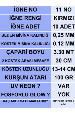 ea genset Çapari, İstavrit Çaparisi, 25x12 Beden, Uv Neon Pembe Sim, 11 No Kırmızı İğne, 10 İğneli Çapari 2li Paket