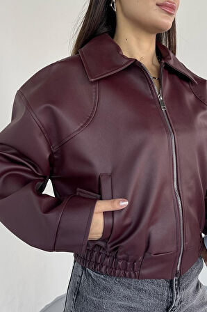 Prifaldi Premium ZR Oversiz Bomber Belden Lastikli Deri Ceket Bordo 