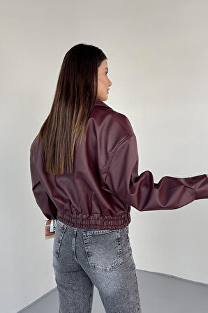 Prifaldi Premium ZR Oversiz Bomber Belden Lastikli Deri Ceket Bordo 
