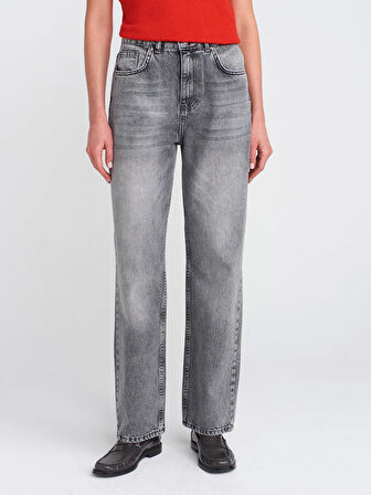 Antrasit Kar Yıkama Denim Mom Pantolon-Antrasit