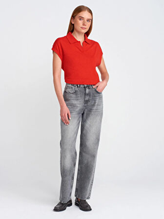 Antrasit Kar Yıkama Denim Mom Pantolon-Antrasit