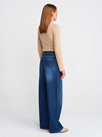 Jeans Dökümlü Kumaş Geniş Denim Pantolon-Lacivert