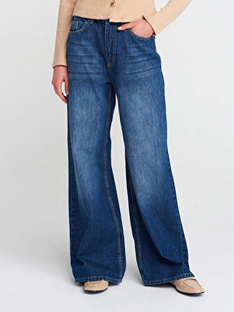 Jeans Dökümlü Kumaş Geniş Denim Pantolon-Lacivert
