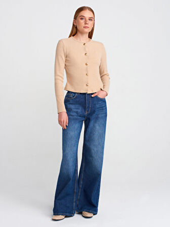 Jeans Dökümlü Kumaş Geniş Denim Pantolon-Lacivert