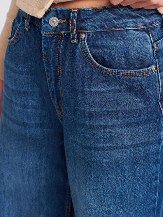 Jeans Dökümlü Kumaş Geniş Denim Pantolon-Lacivert