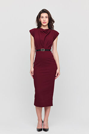 Kadın Vatkalı Kemerli Yırtmaçlı Bordo Elbise