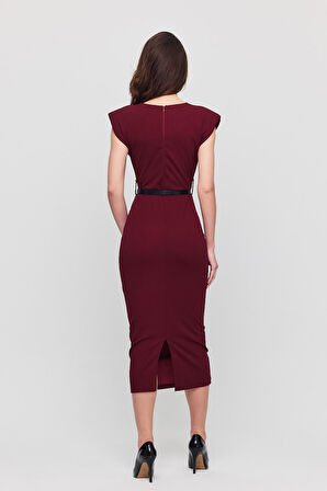 Kadın Vatkalı Kemerli Yırtmaçlı Bordo Elbise