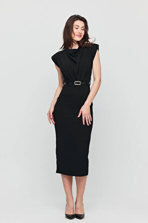 Kadın Vatkalı Kemerli Yırtmaçlı Siyah Elbise