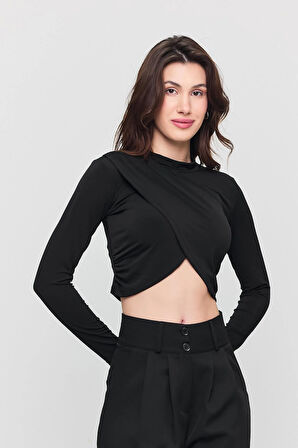 Kadın Siyah Crop Verev Bluz