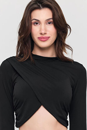 Kadın Siyah Crop Verev Bluz
