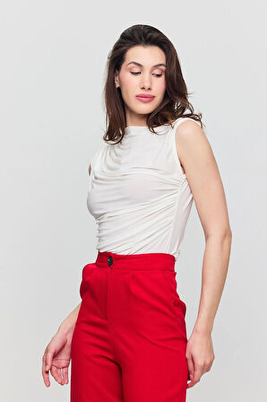 Kadın Ekru Omuzları Drapeli Kolsuz Sandy Bluz