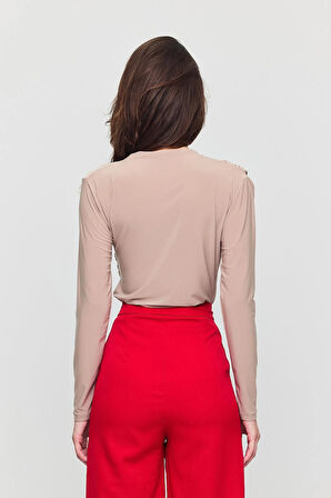 Kadın Büzgü Detaylı Uzun Kol Sandy Bej Bluz
