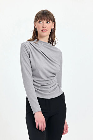 Kadın Büzgü Detaylı Uzun Kol Sandy Simli Gri Bluz