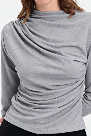 Kadın Büzgü Detaylı Uzun Kol Sandy Simli Gri Bluz