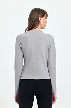 Kadın Büzgü Detaylı Uzun Kol Sandy Simli Gri Bluz