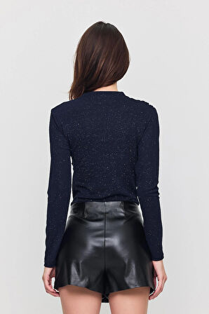 Kadın Büzgü Detaylı Uzun Kol Sandy Simli Lacivert Bluz