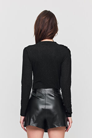 Kadın Büzgü Detaylı Uzun Kol Sandy Simli Siyah Bluz