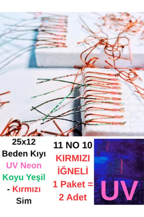 ea genset Çapari, İstavrit Çaparisi, 25x12 Beden, Ultraviyole Uv Neon Koyu Yeşil - Kırmızı Sim, 11 No Kırmızı İğne, 10 İğneli 2li Paket