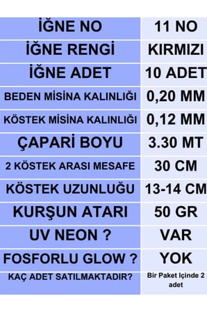 ea genset Çapari, İstavrit Çaparisi, 20x12 Beden, Ultraviyole Uv Neon Fıstık Yeşili - Fuşya Sim, 11 No Kırmızı İğne, 10 İğneli 2li Paket