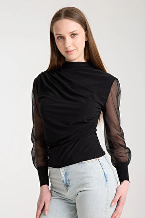 Kadın Büzgü ve Kolları Tül Detaylı Sandy Siyah Bluz