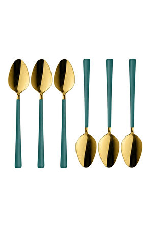 Parlak Gold Yeşil Tatlı Dondurma Kaşığı 6 Adet, Kutulu Paslanmaz Çelik Kahvaltı Kaşık Seti Hediyelik