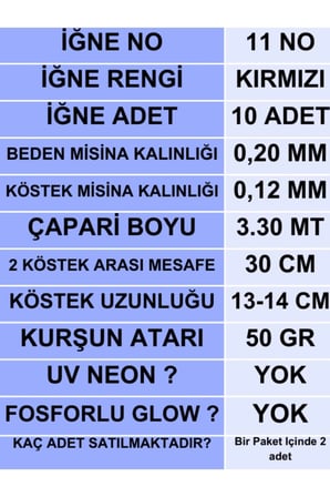 ea genset Çapari, İstavrit Çaparisi, 20x12 Beden, Beyaz Sim, 11 No Kırmızı İğne, 10 İğneli Çapari 2li Paket