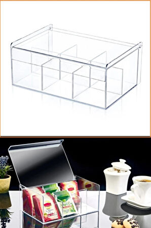 Box Up Plastik 6 Bölmeli Poşet Çay Saklama Kutusu - Poşet Çay Kutusu, Bitki Çay Kutusu, Şeffaf Renk, 22x15x9