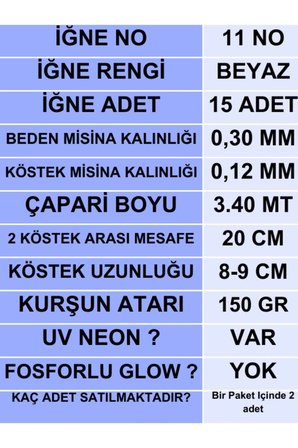 ea genset Çapari, İstavrit Çaparisi, 30x12 Beden, Ultraviyole Uv Neon Koyu Yeşil Sim, 11 No Beyaz İğne, 15 İğneli 2li Paket