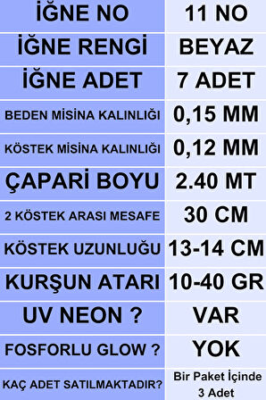 Eagenset Çapari, İstavrit Çaparisi, 15x12 Beden, Ultraviyole Uv Neon Koyu Yeşil Sim, 11 No Beyaz 7 İğneli, 3lü Paket