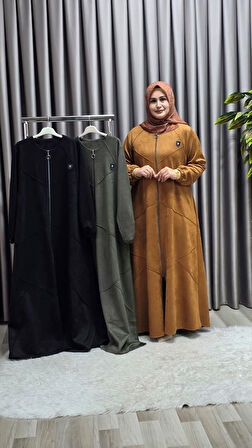 Kadın Giyim Büyük Beden Tam Boy Baklava Desenli Uzun Süet Pardesü 