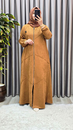 Kadın Giyim Büyük Beden Tam Boy Baklava Desenli Uzun Süet Pardesü 