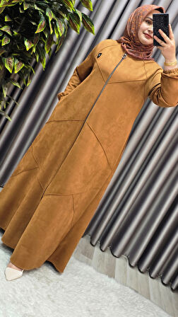 Kadın Giyim Büyük Beden Tam Boy Baklava Desenli Uzun Süet Pardesü 