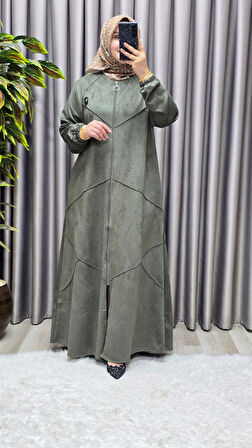 Kadın Giyim Büyük Beden Tam Boy Baklava Desenli Uzun Süet Pardesü 