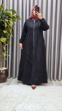 Kadın Giyim Büyük Beden Tam Boy Baklava Desenli Uzun Süet Pardesü 