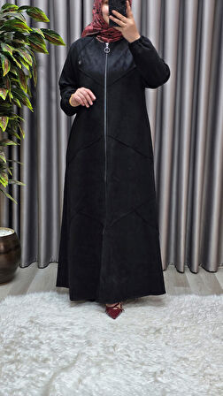 Kadın Giyim Büyük Beden Tam Boy Baklava Desenli Uzun Süet Pardesü 