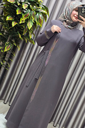 Kadın Tesettür Giyim Büyük Beden Şerit Taş Detaylı Abaya 