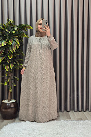 Kadın Tesettür Giyim Büyük Beden Yarım Robalı Çıtır Desen Elbise 