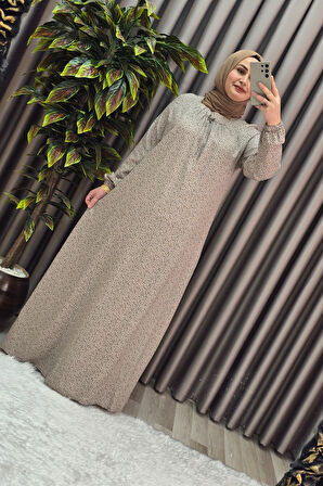 Kadın Tesettür Giyim Büyük Beden Yarım Robalı Çıtır Desen Elbise 