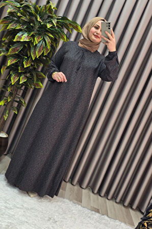 Kadın Tesettür Giyim Büyük Beden Yarım Robalı Çıtır Desen Elbise 