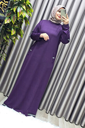 Kadın Tesettür Giyim Büyük Beden Kolu Şeritli Elbise 