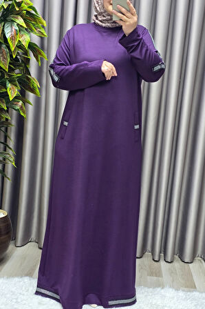 Kadın Tesettür Giyim Büyük Beden Kolu Şeritli Elbise 
