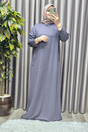 Kadın Tesettür Giyim Büyük Beden Kolu Şeritli Elbise 