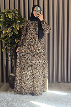Kadın Tesettür Giyim Büyük Beden Leopar Desen Elbise 