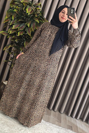 Kadın Tesettür Giyim Büyük Beden Leopar Desen Elbise 