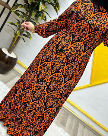 Kadın Tesettür Giyim Büyük Beden Osmanlı Desen Elbise 