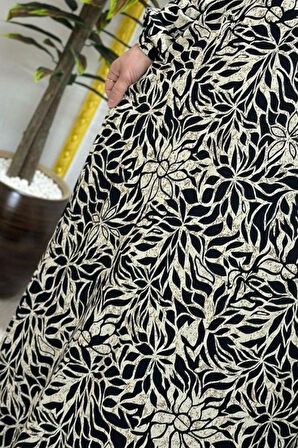 Kadın Tesettür Giyim Büyük Beden Yaprak Desenli Tam Robalı Elbise 