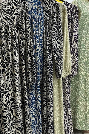 Kadın Tesettür Giyim Büyük Beden Yaprak Desenli Tam Robalı Elbise 